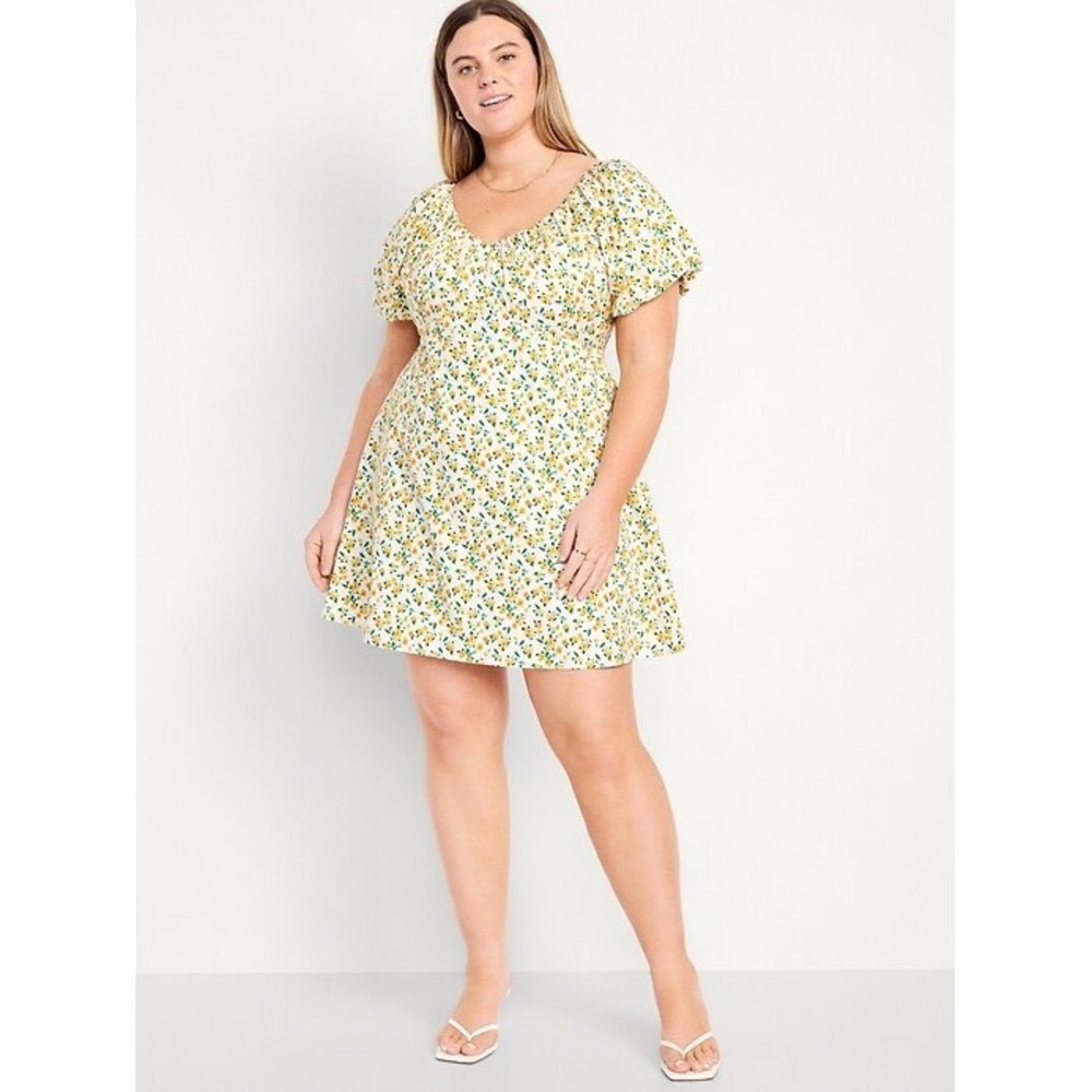 Old Navy Yellow Floral Puff Sleeve Smocked Mini Dress XL Womens Cottagecore Boho